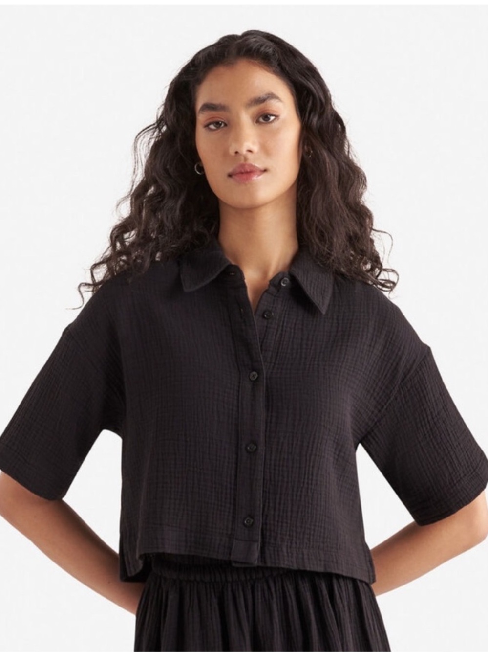 Roots Black ISLA Short-Sleeve Crop Cotton Gauze Button-Front Shirt